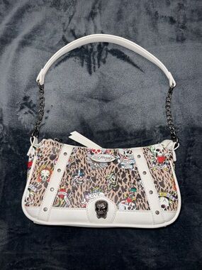 Ed Hardy White and Leopard Print Shoulder Bag with Tattoo Graphics